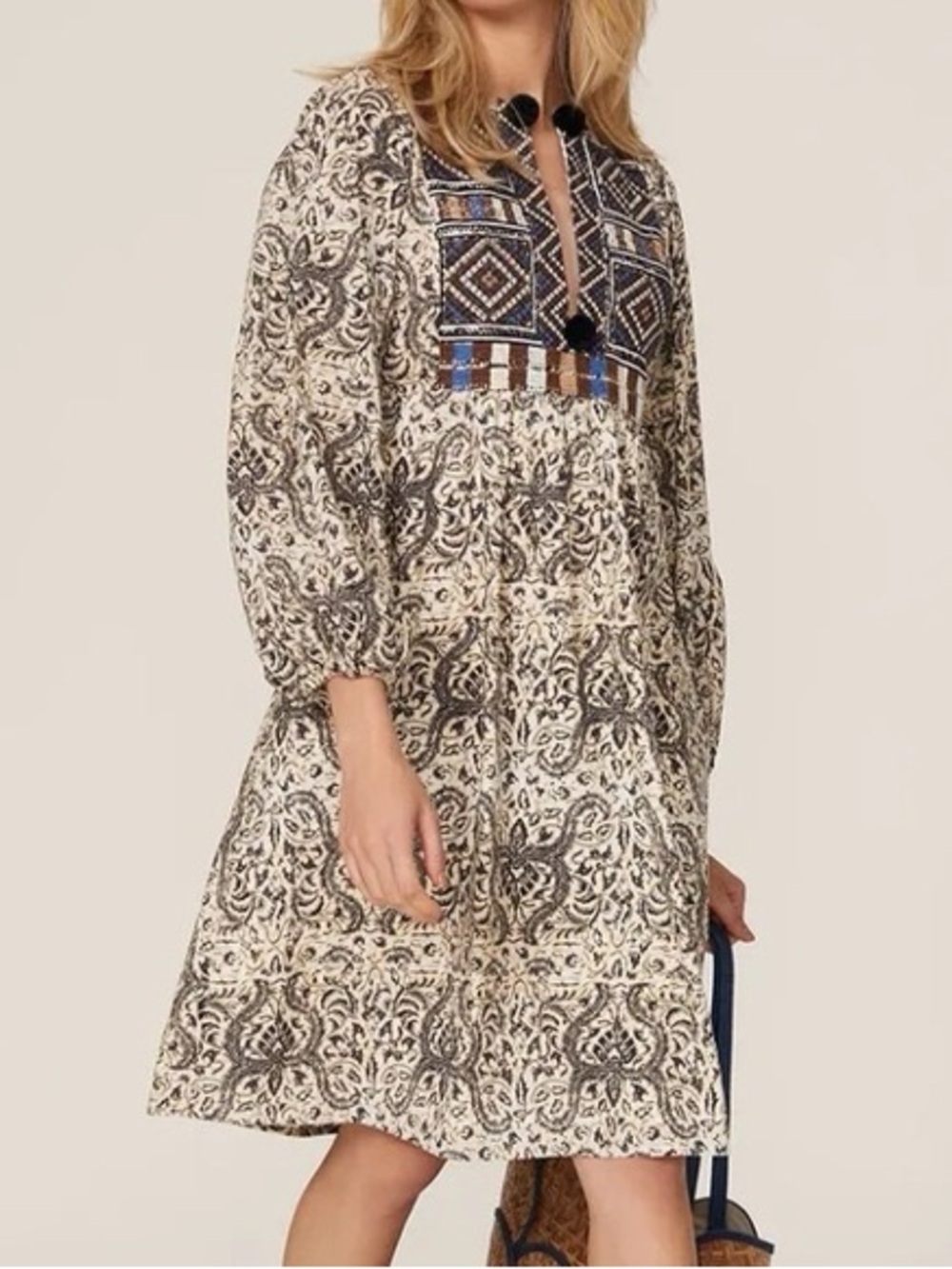 FIGUE Lucie Batik Print Peasant Dress with Embroidered Yoke - Small